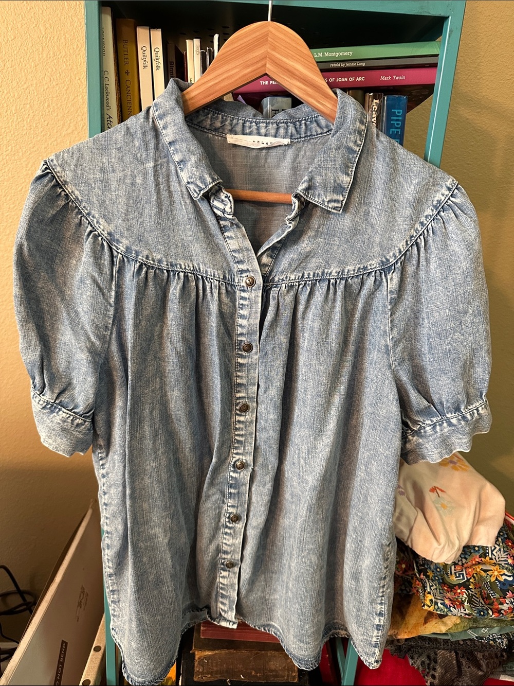 Jane & Delancey Light Wash Denim Shade Button-Up Blouse with Puff Short sleeves